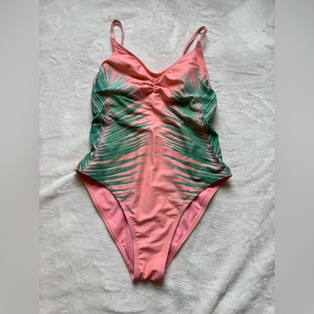 Pink Orange Palm print One-Piece Swimsuit tropical vacation resort wear medium